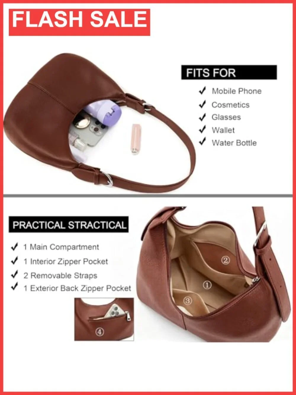 Hobo Bag for Women PU Leather Slouchy Shoulder Crossbody Purse